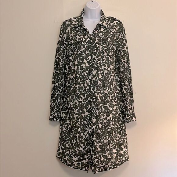 Tory Burch Green and White Floral Midi Shirt Dress size 12 - missing belt - Picture 3 of 9